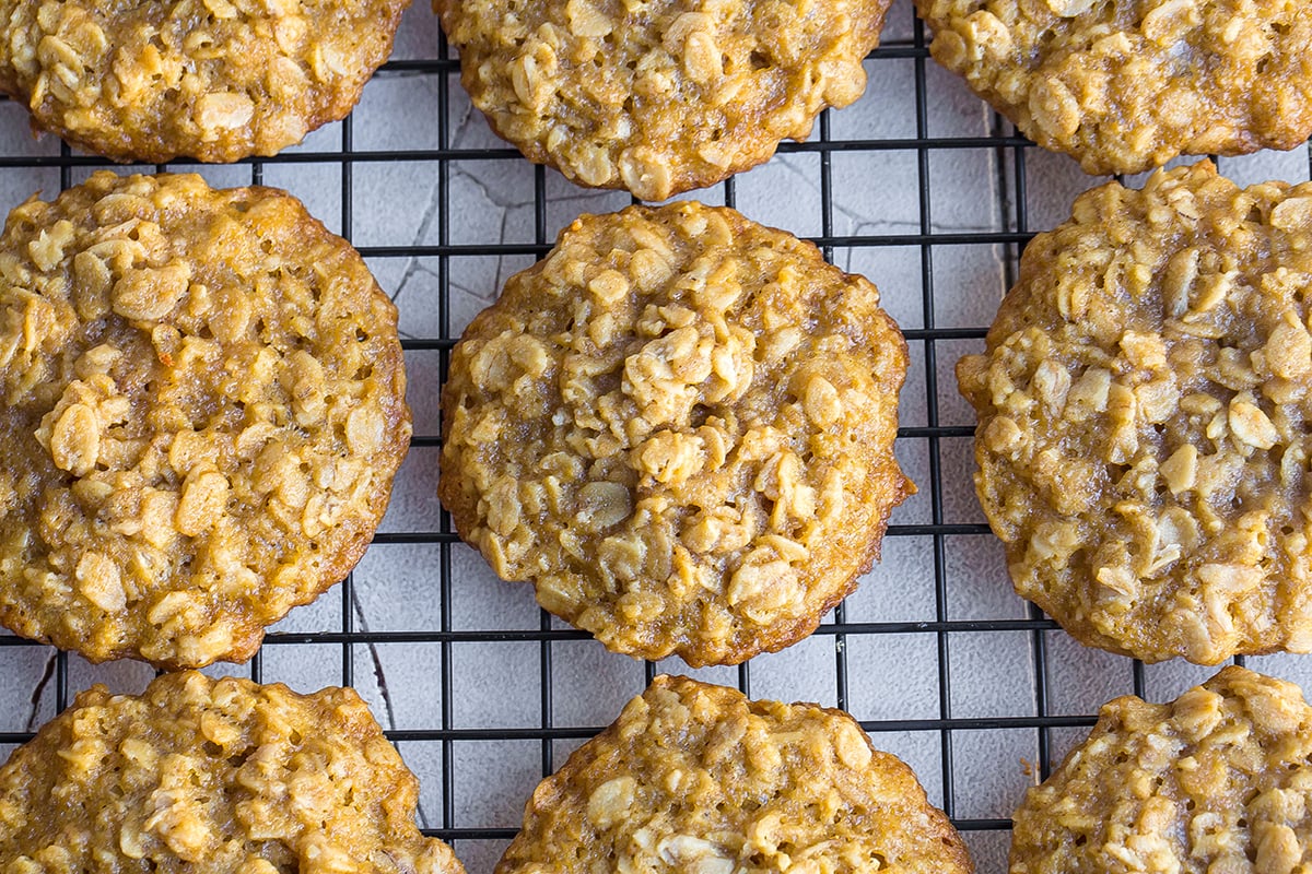 overhead of quaker oat cookies on a wire cooling rack