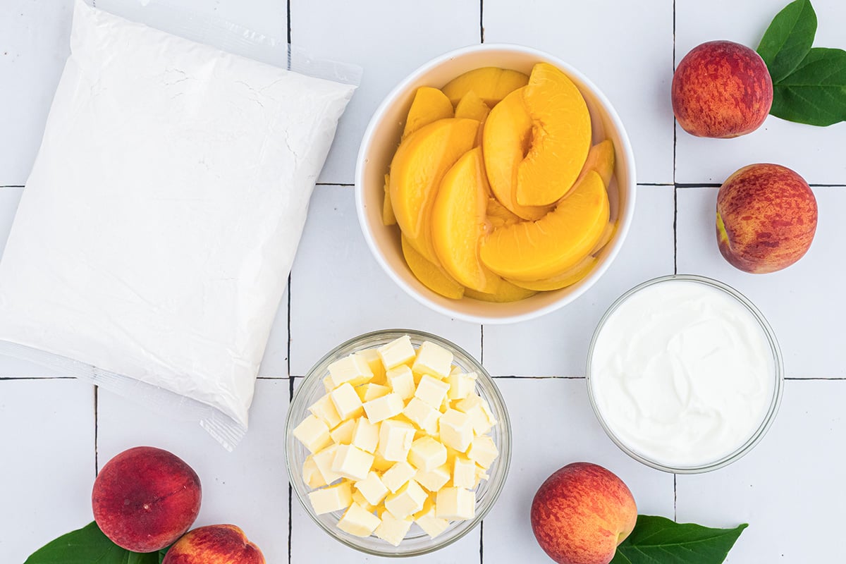 overhead shot of peach dump cake ingredients