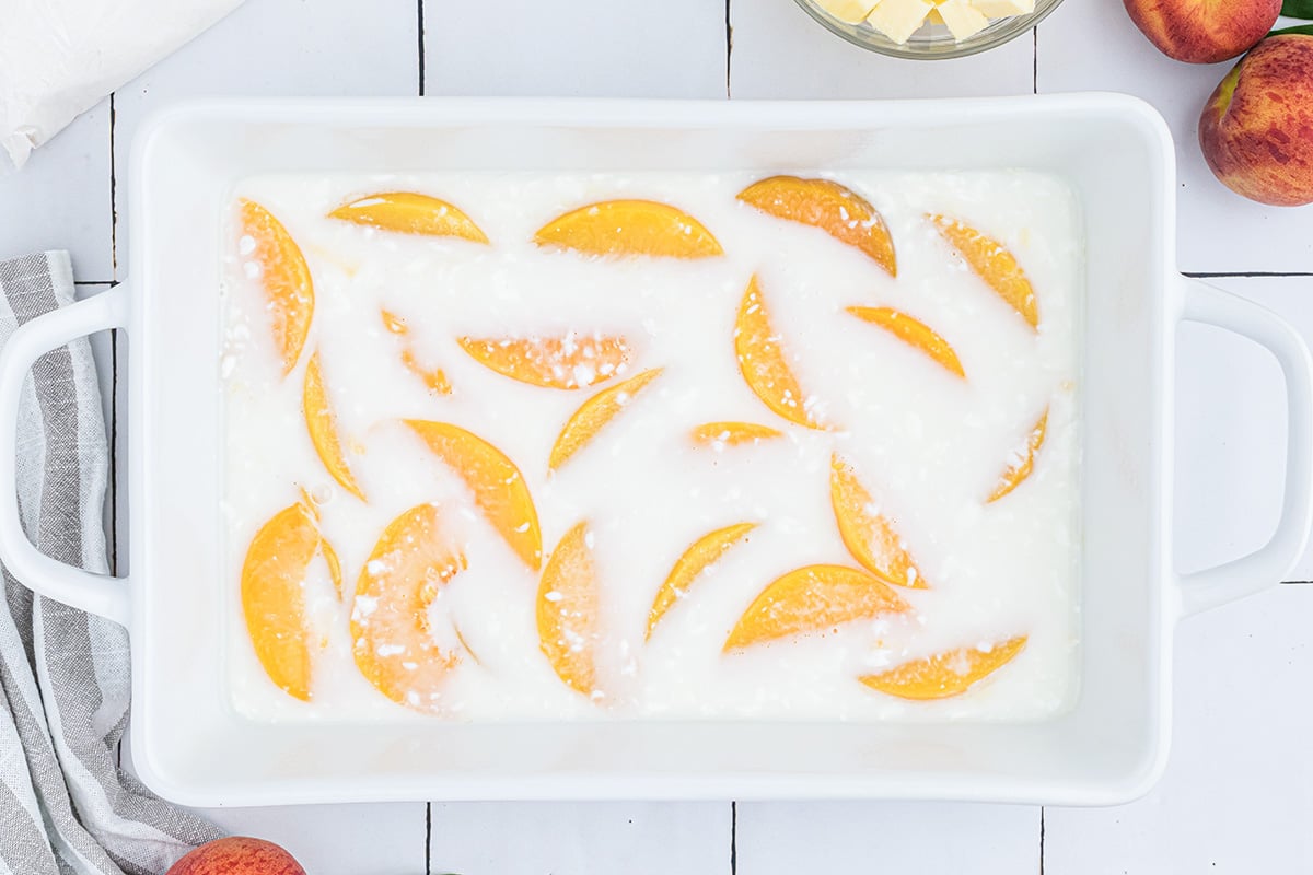 yogurt and peaches in baking dish