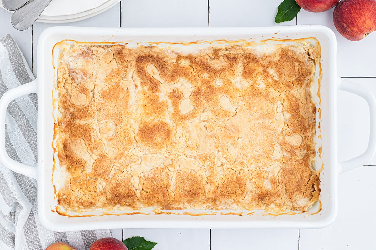 overhead shot of baked peach dump cake