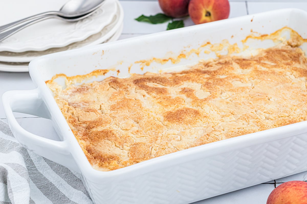 angled shot of peach dump cake