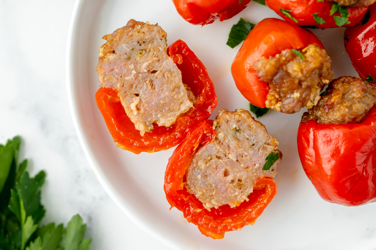 close up overhead shot of stuffed peppadew cut in half