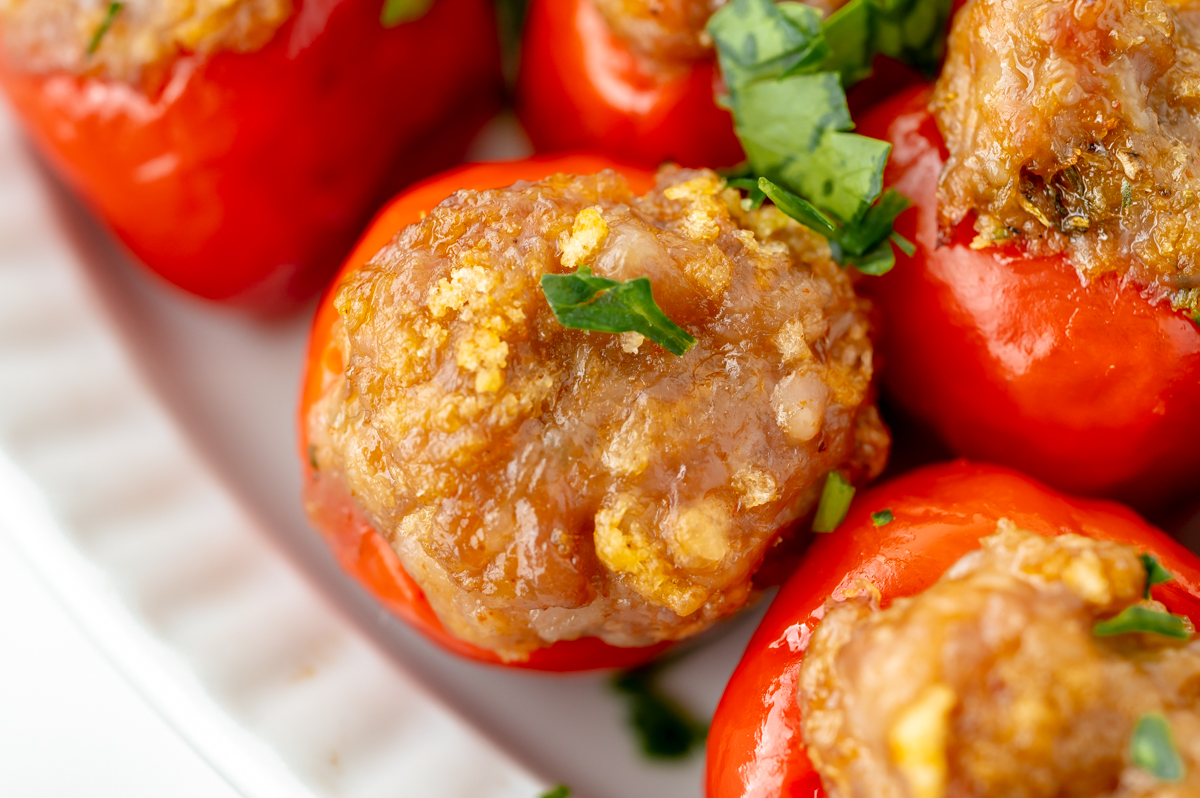 close up overhead shot of stuffed cherry pepper