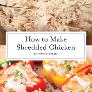 collage of shredded chicken images with text overlay