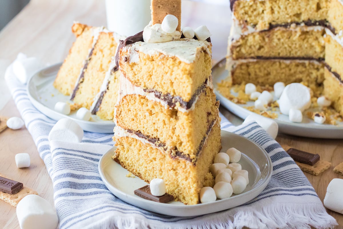 three layer slice of s mores cake with buttercream and fudge layers