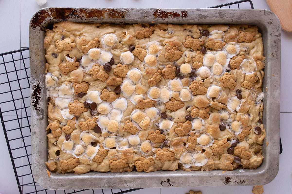 overhead of s'mores bars in a metal baking dish