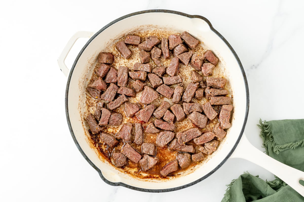 cooked steak pieces in pan