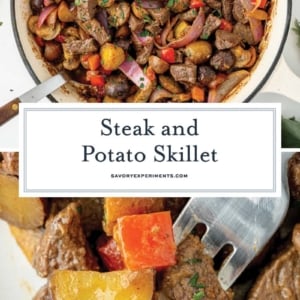 collage of steak and potato skillet