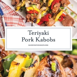 collage of teriyaki pork kabobs