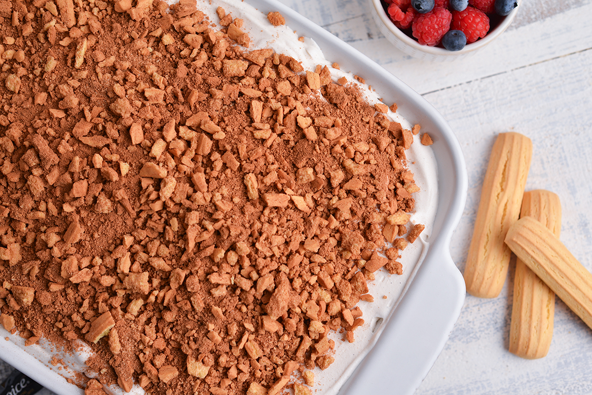 close up overhead shot of recipe for tiramisu poke cake