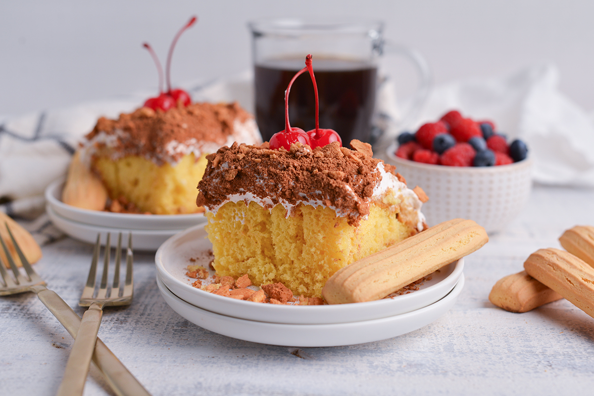 straight on shot of slice of cake on plate