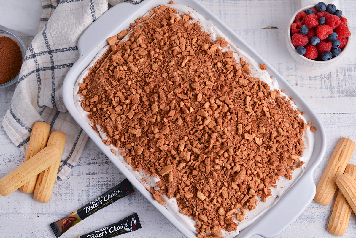 overhead shot of tiramisu poke cake recipe