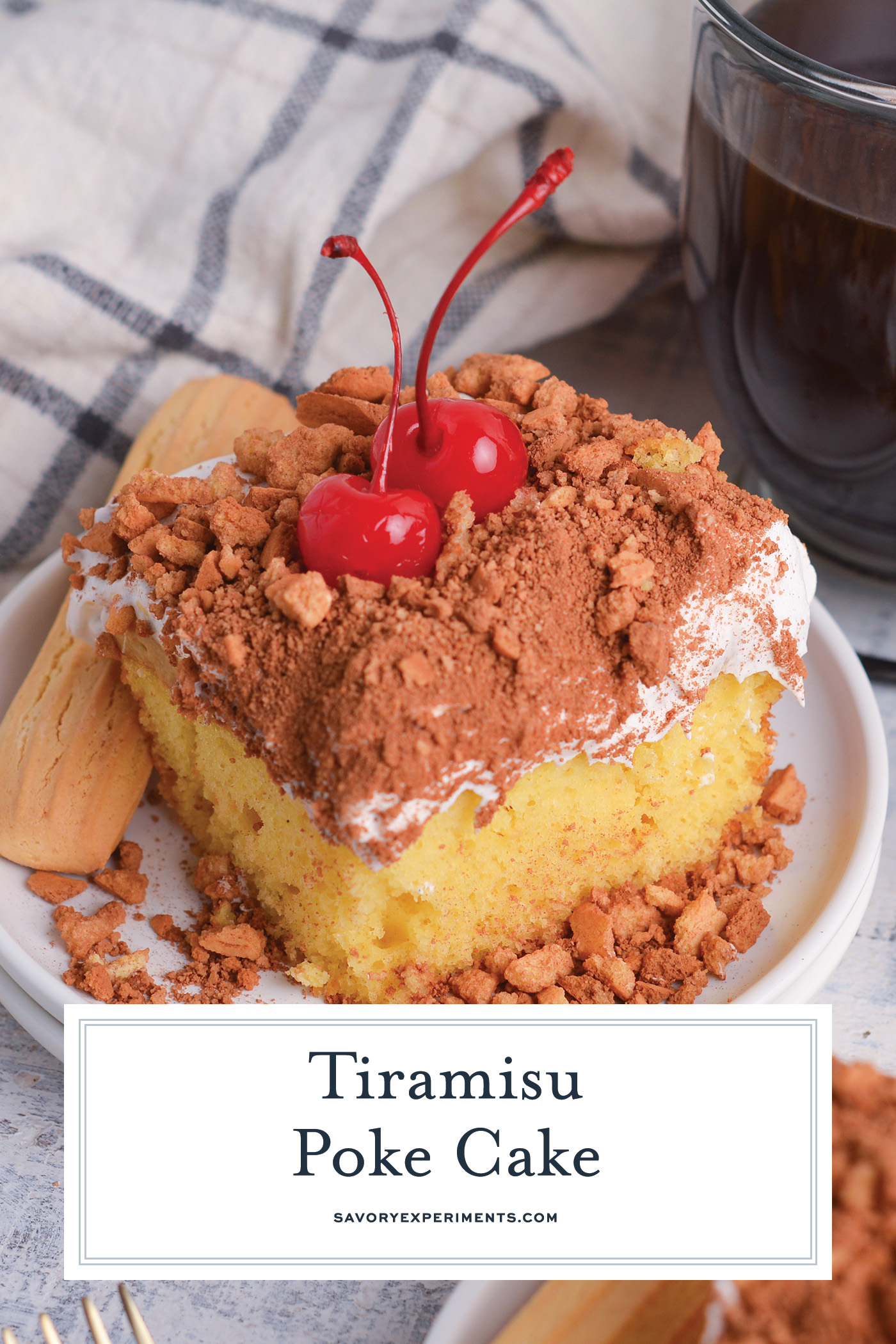 angled shot of slice of easy tiramisu cake mix recipe with text overlay