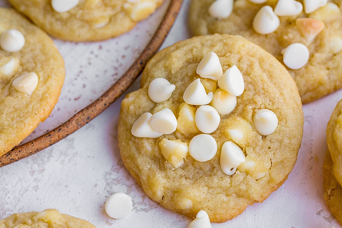 close up overhead shot of white chocolate chip cookie