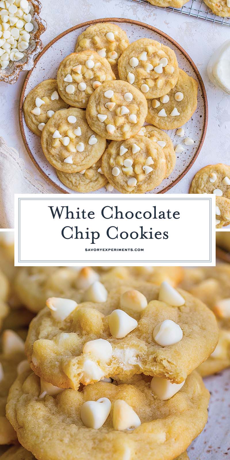 collage of white chocolate chip cookies