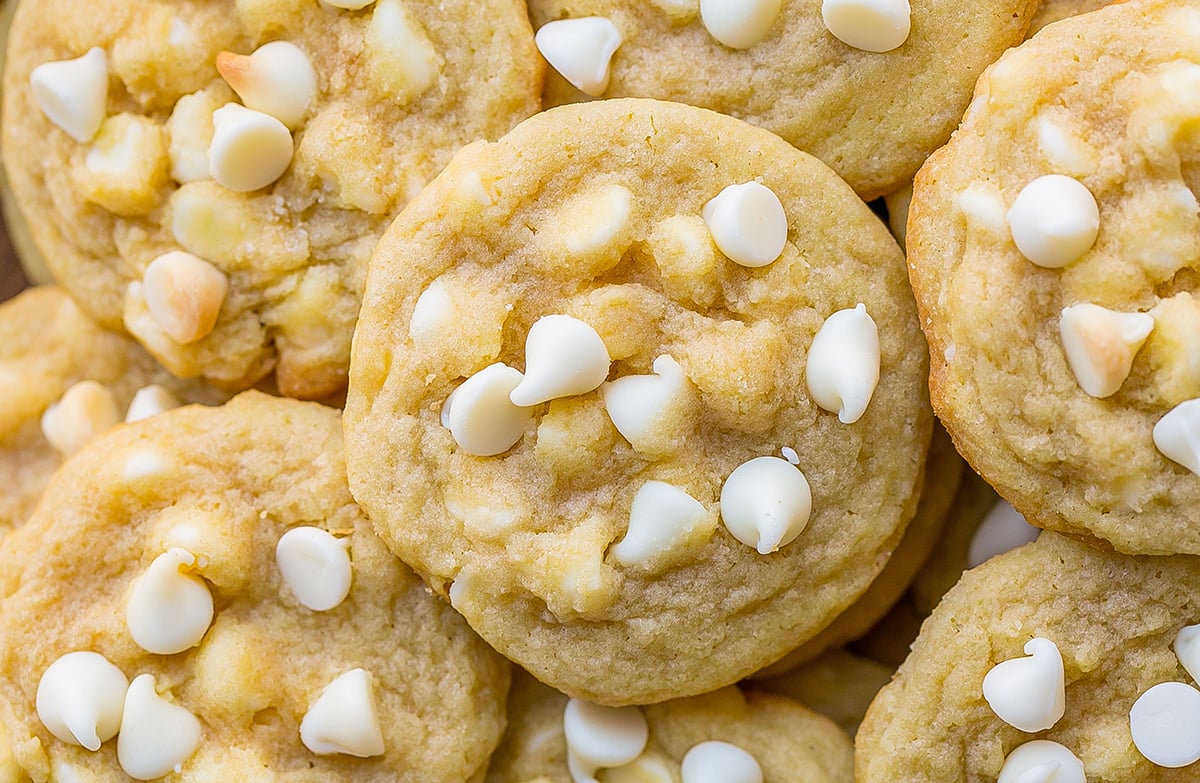 close up overhead shot of white chocolate chip cookies