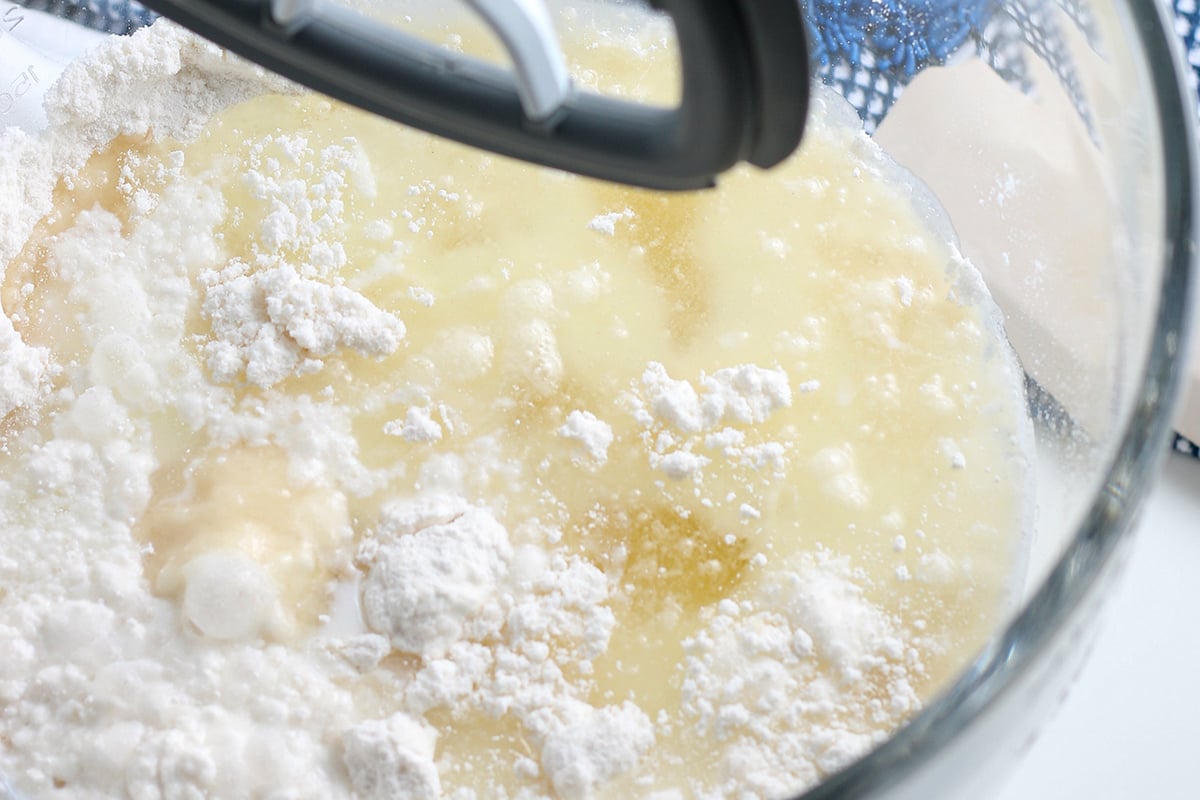 cake batter in a stand mixer