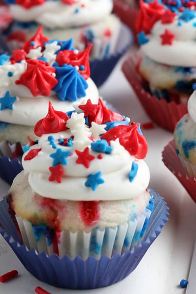 A close up of 4th of july cupcakes