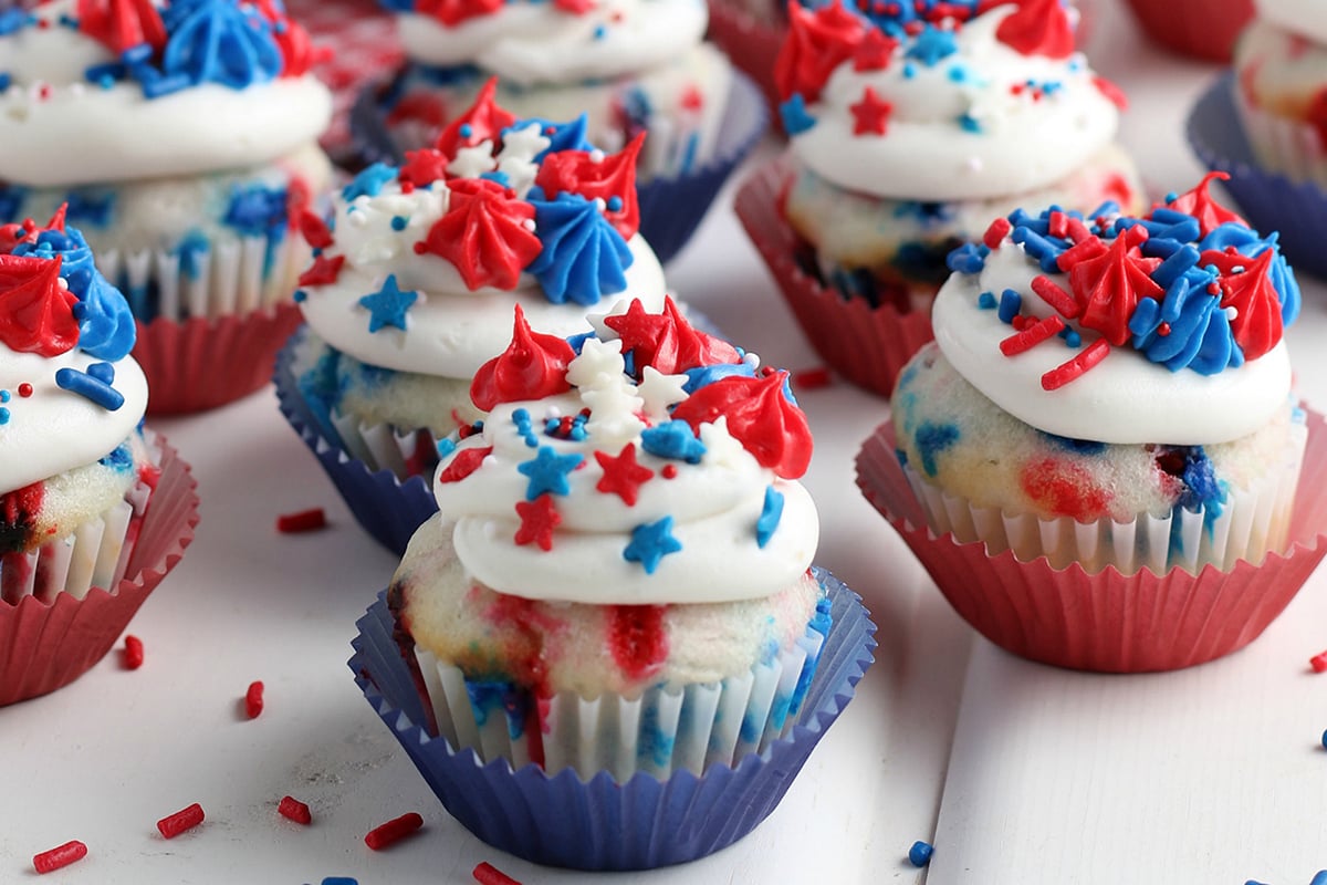 A close up of 4th of july cupcakes