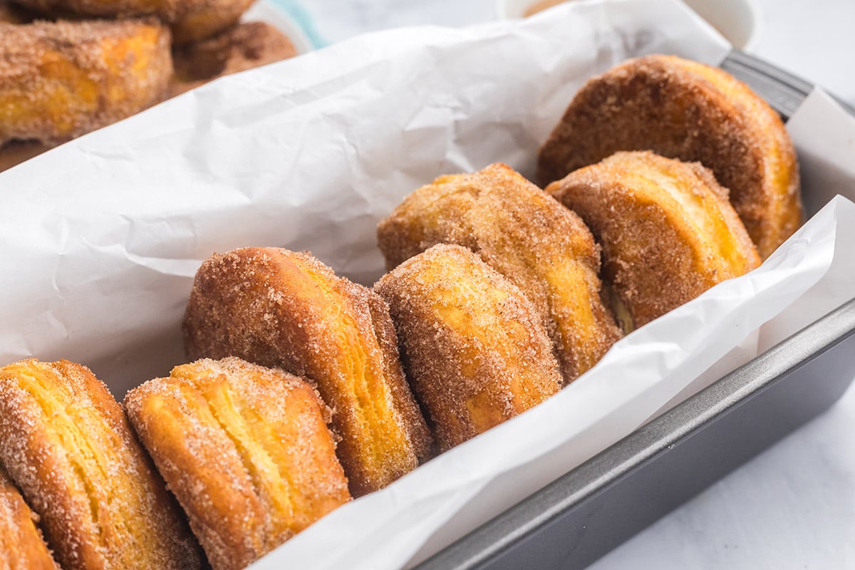 angle of cinnamon sugar biscuits in a loaf pan