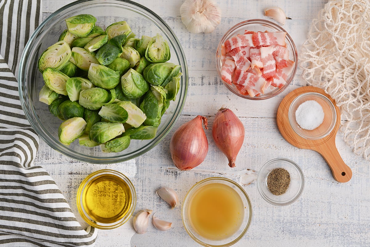 overhead shot of brussels sprouts with bacon ingredients
