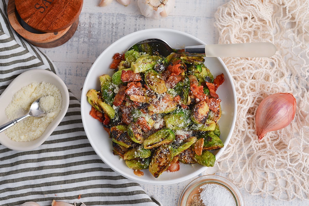 overhead shot of spoon in bowl of brussels sprouts