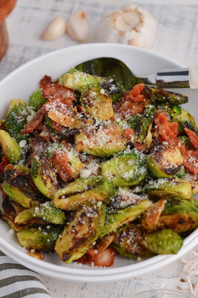 angled shot of bowl of brussels sprouts