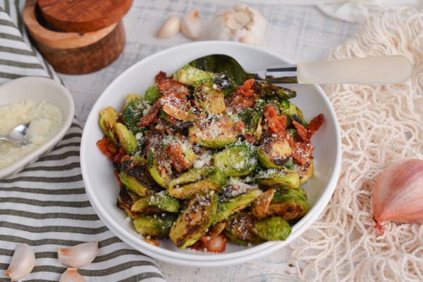 angled shot of bowl of brussels sprouts
