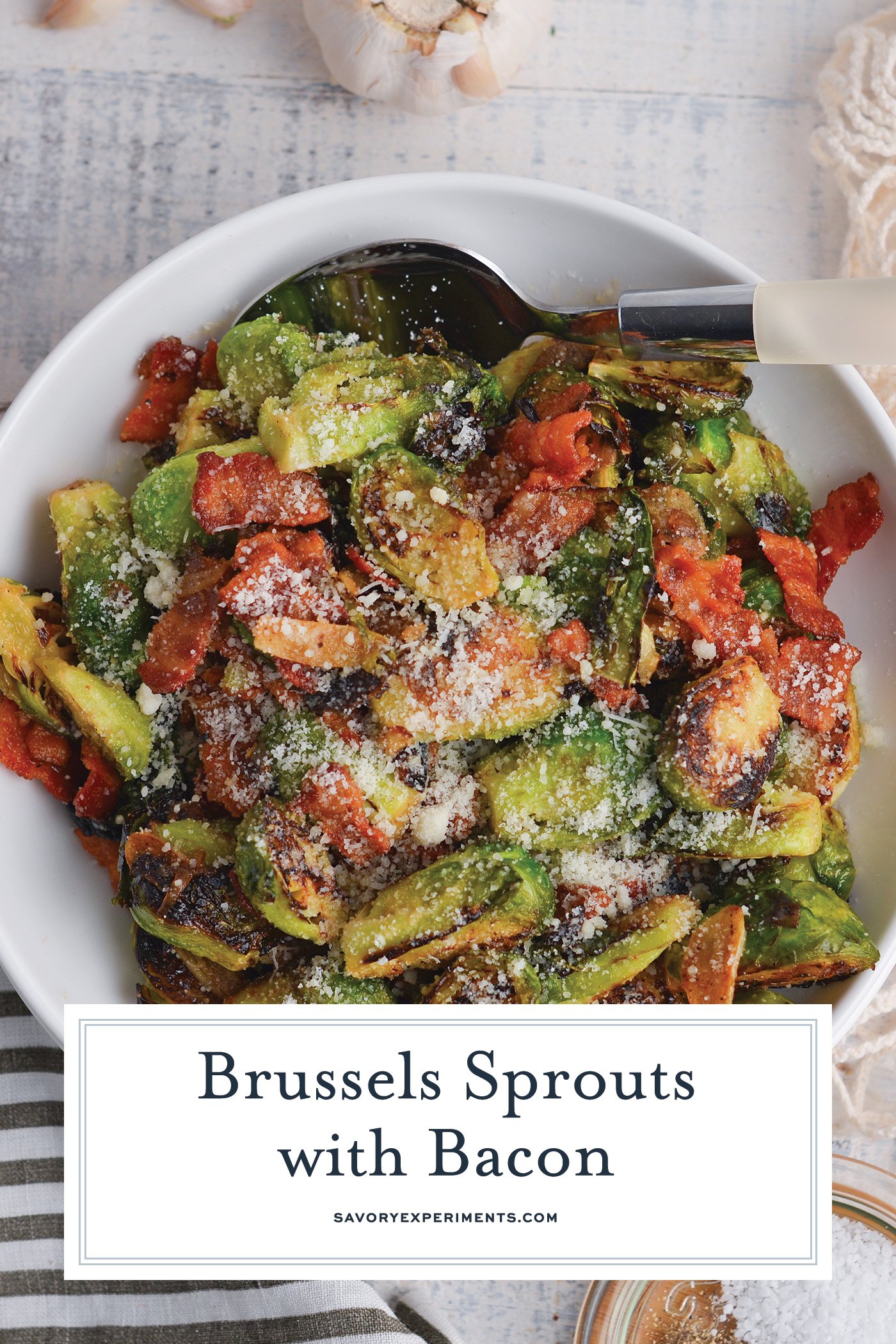 overhead shot of bowl of brussels sprouts with bacon with text overlay