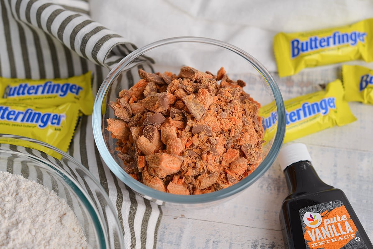 crushed butterfinger candy bar in bowl
