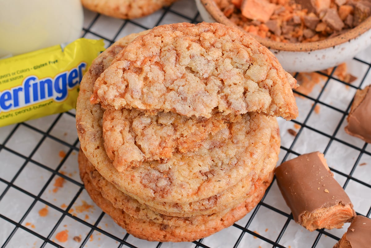 close up of stack of cookies with butterfinger with one cut in half