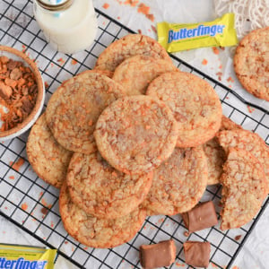 overhead shot of piled of butterfinger cookies on cooling rack