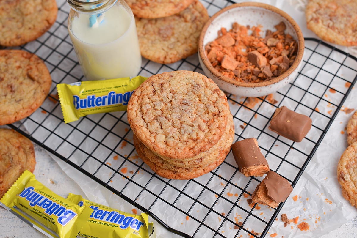overhead shot of stack of butterfinger bits cookies