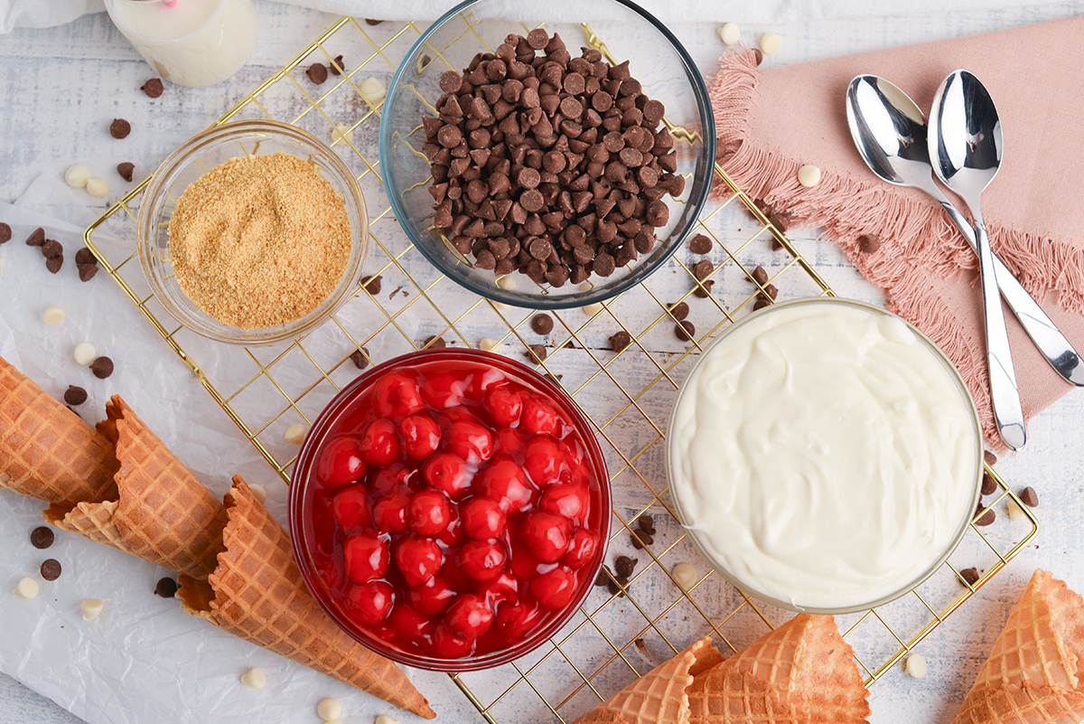 overhead shot of cherry cheesecake cone ingredients