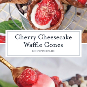 collage of cherry cheesecake cones