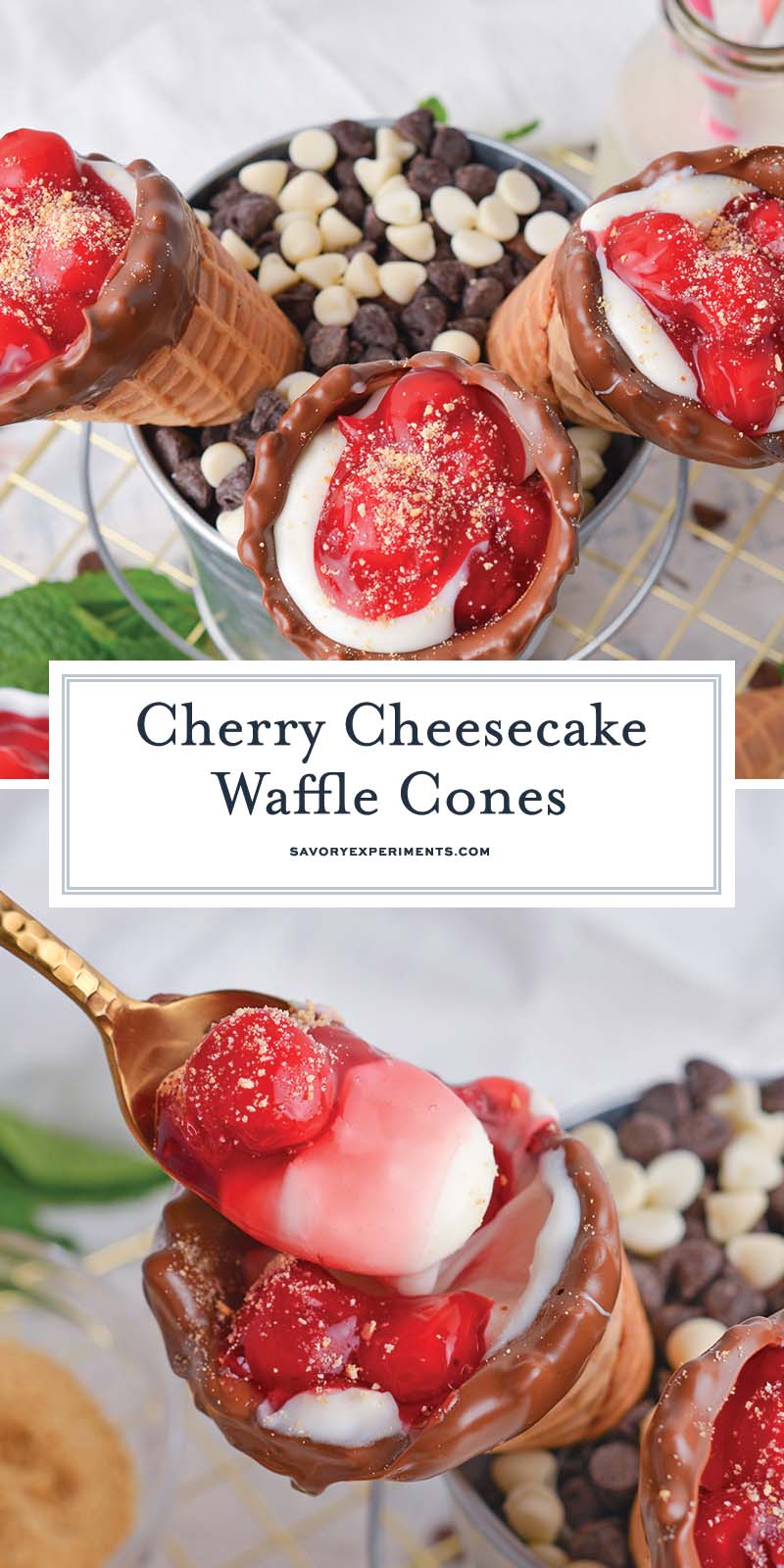 collage of cherry cheesecake cones