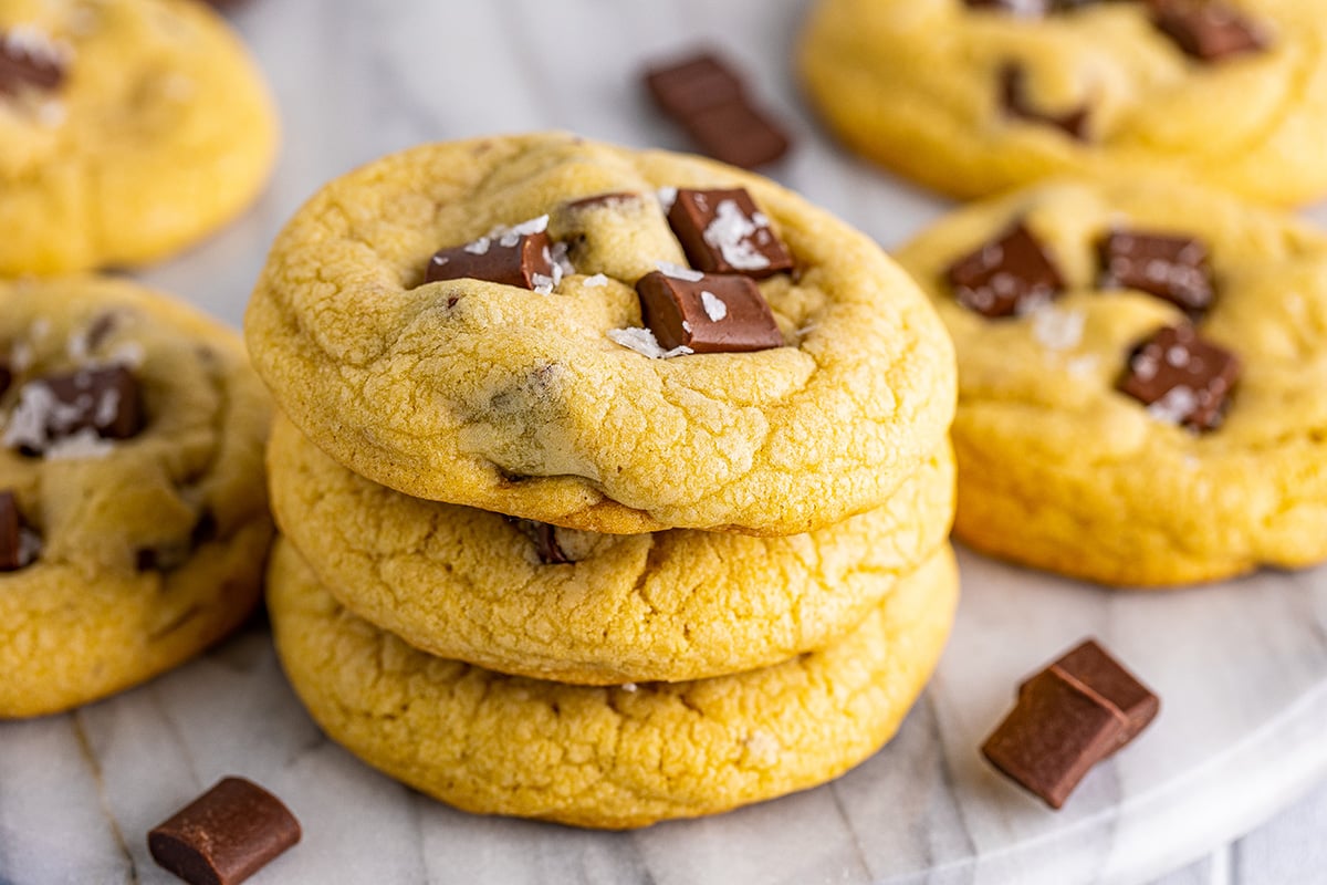 close up stack and chocolate chip cookies