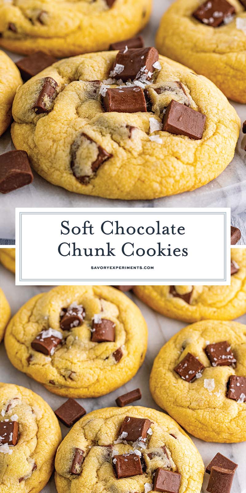 collage of chocolate chunk cookies with crunchy salt topping