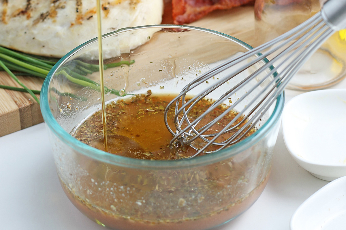 cobb salad dressing in a glass mixing bowl