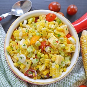 overhead shot of cold corn salad in bowl