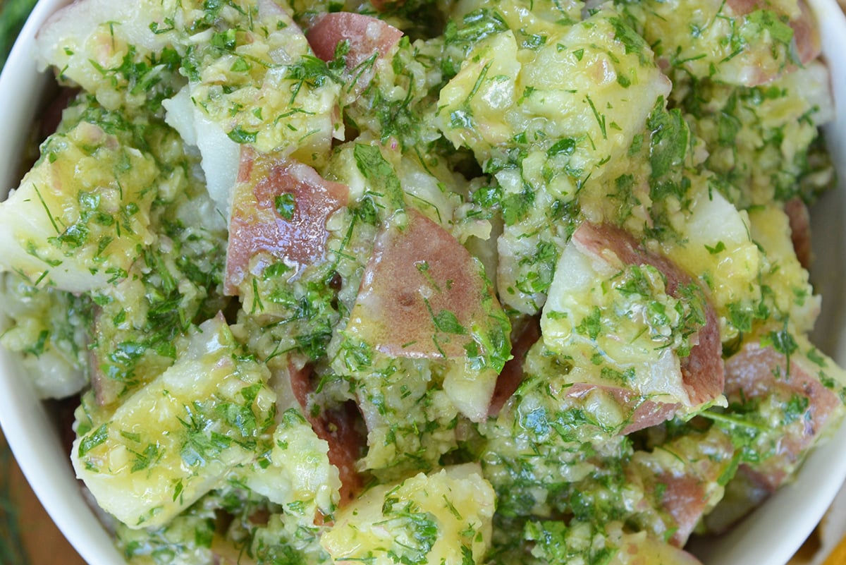 close up overhead shot of herbed potato salad