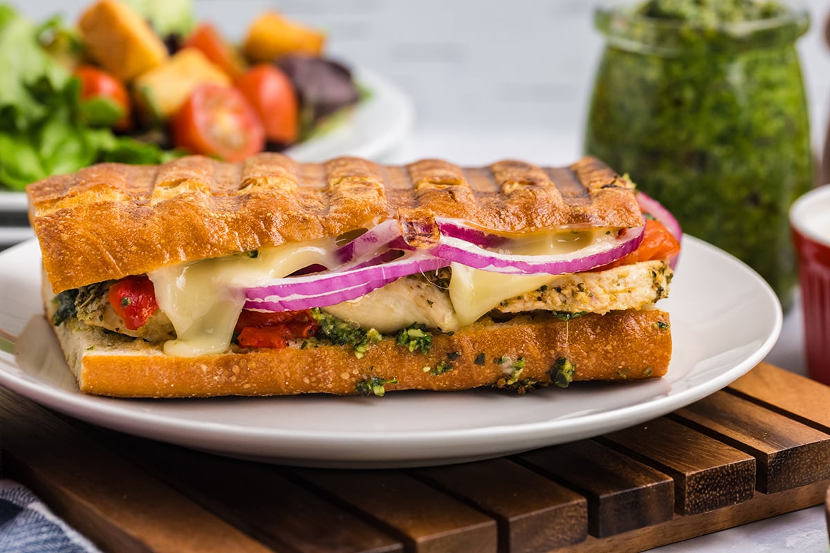 straight on close up shot of panini on plate