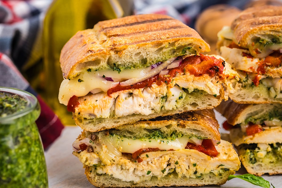 close up straight on shot of panini stack