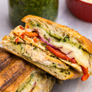 close up overhead shot of italian chicken panini half