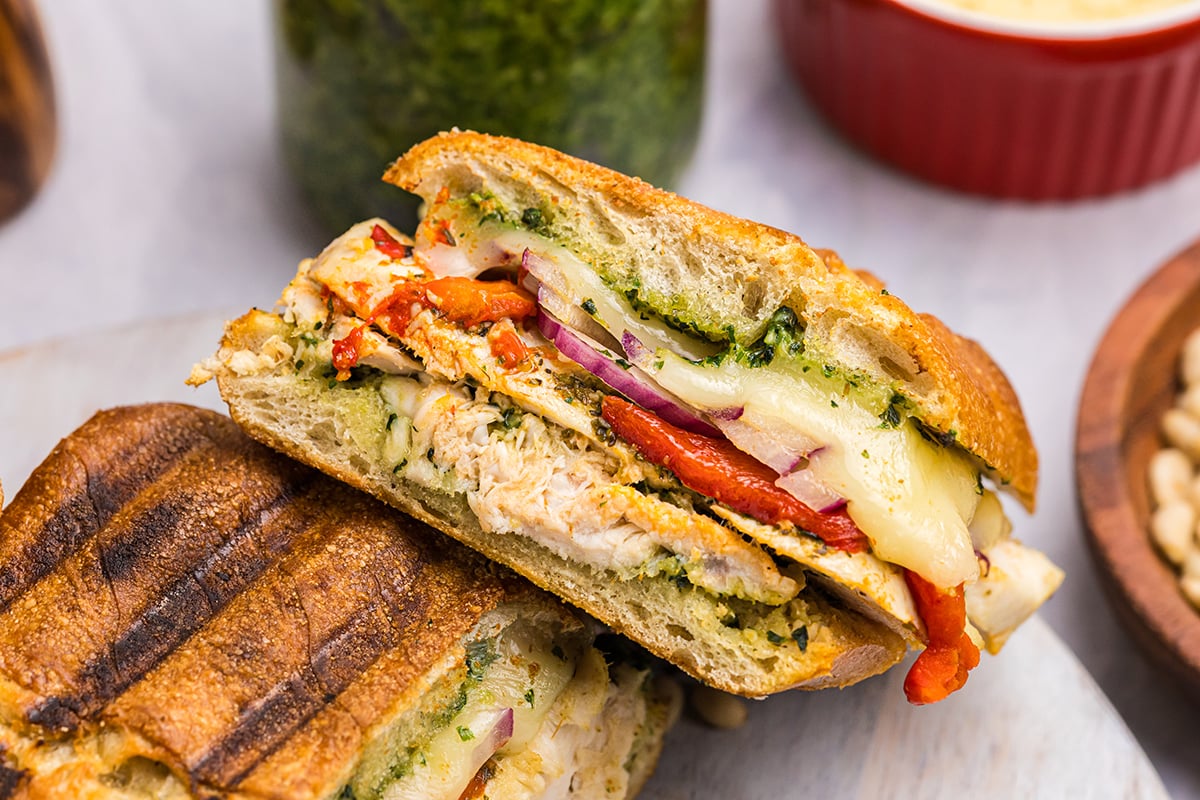 close up overhead shot of italian chicken panini half