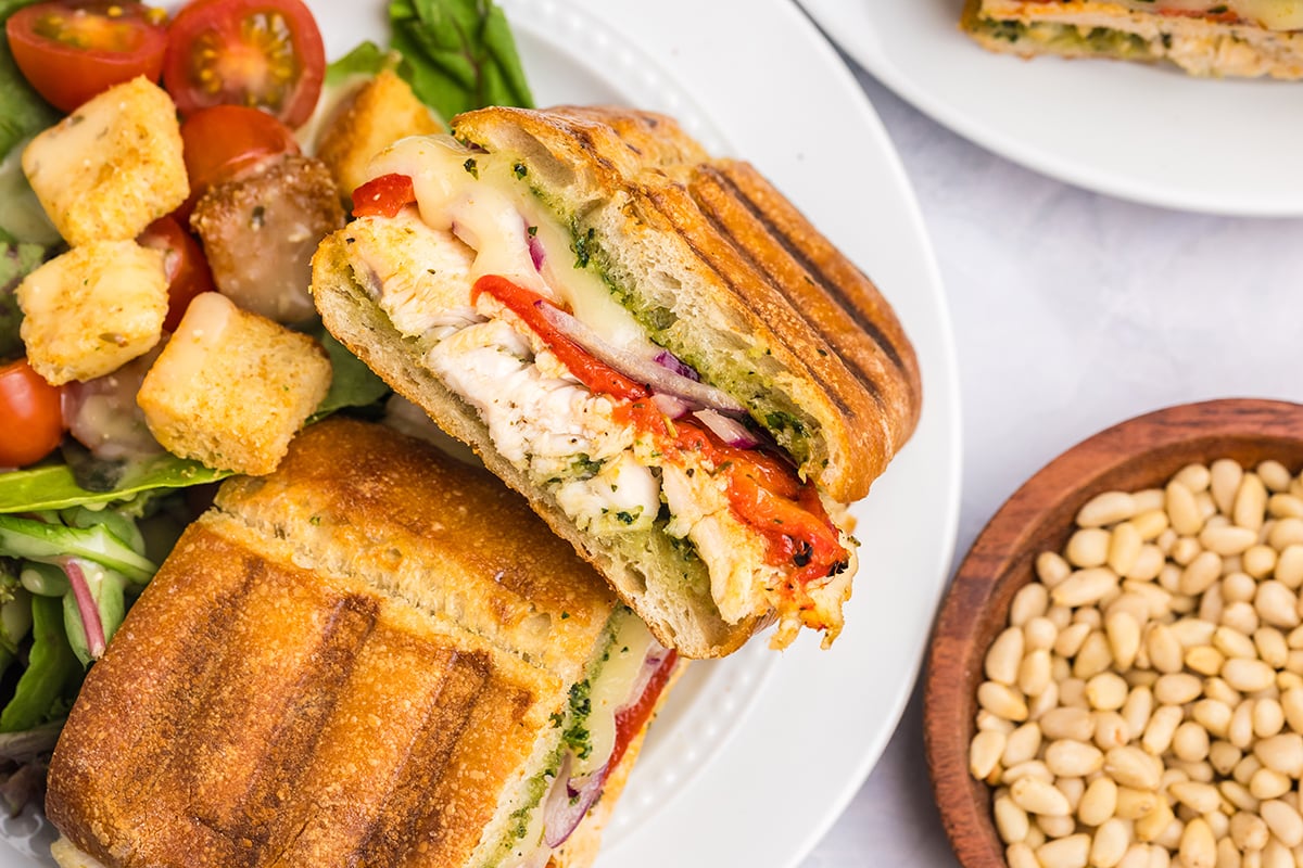 overhead shot of italian chicken panini halves on plate with salad