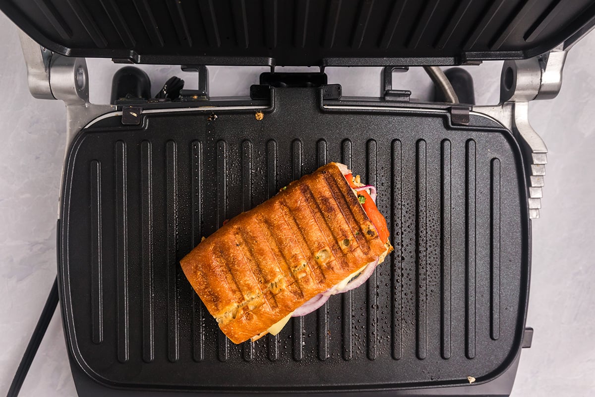 overhead shot of panini on panini press
