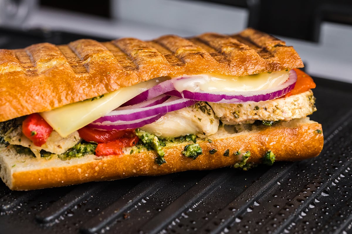 straight on close up shot of panini on panini press