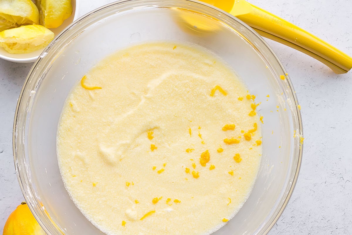 overhead shot of lemon cake batter in bowl