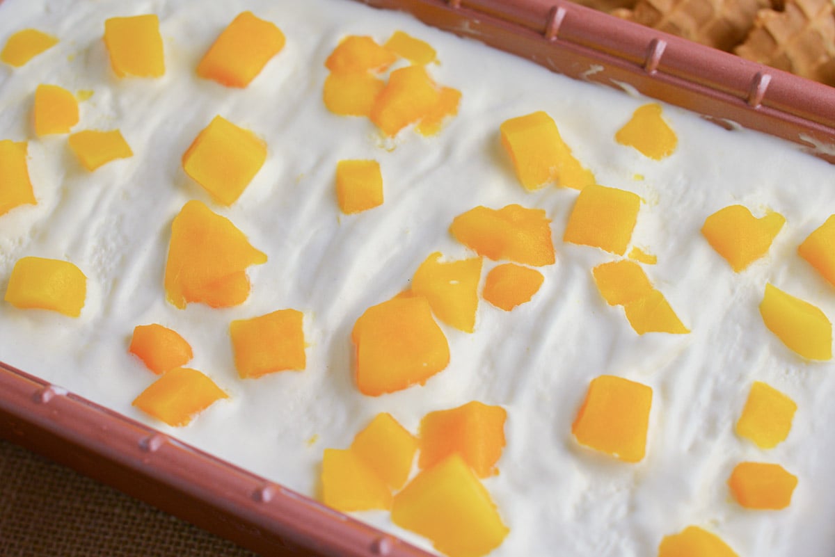 close up of mango pieces on top of no churn mango ice cream